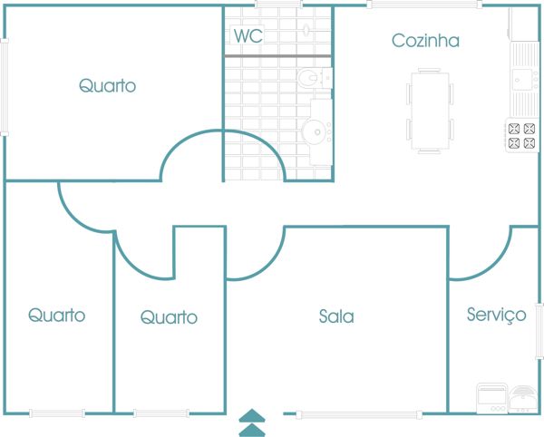 3 quartos, 1 sala, 1 banheiro, 1 cozinha e 1 área de serviço.
