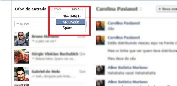 menu de arquivados do facebook