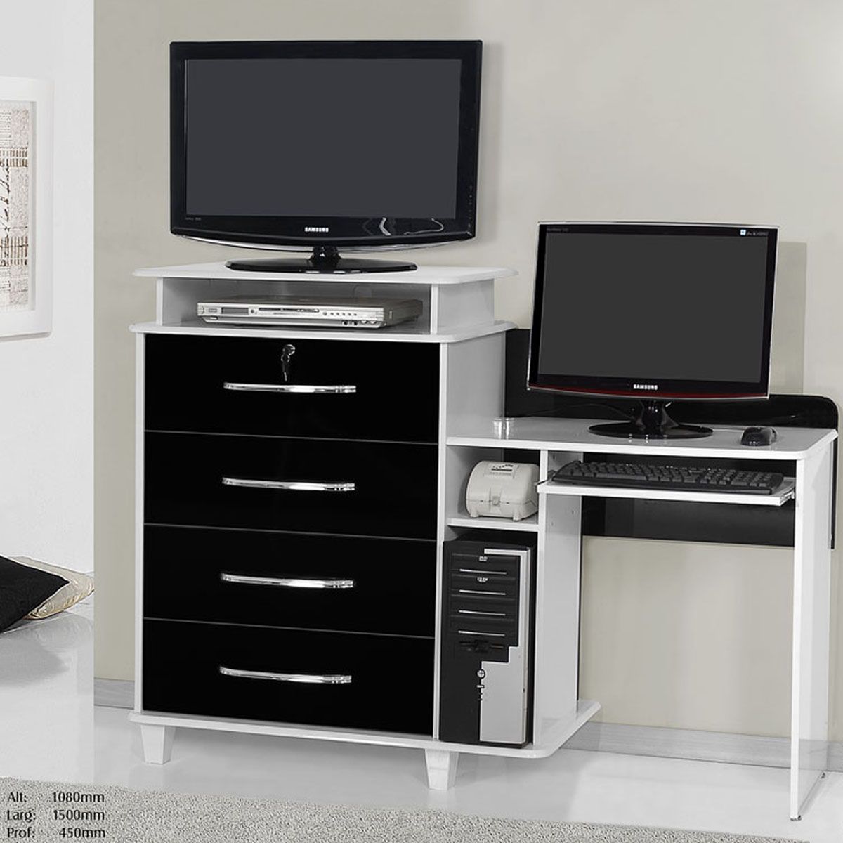 Cômoda RV móveis Imola - tv, vídeo, escrivaninha, 4 gavetas - banco e preto