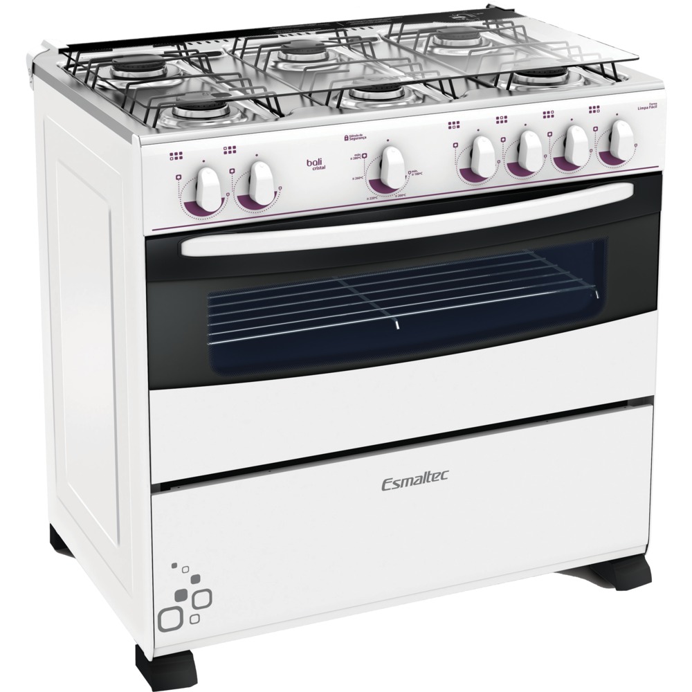 Fogão 6 bocas Esmaltec Bali Cristal com tampa de vidro temperado, forno limpa fácil e 2 queimadores família