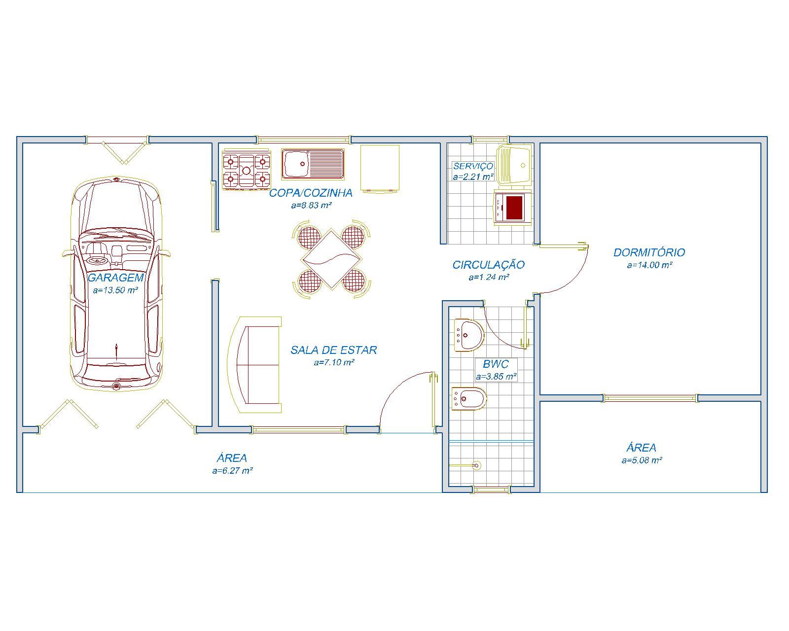 Garagem, 1 copa com cozinha, 1 sala de estar, 1 banheiro, 1 quarto, 1 área de serviço e varanda