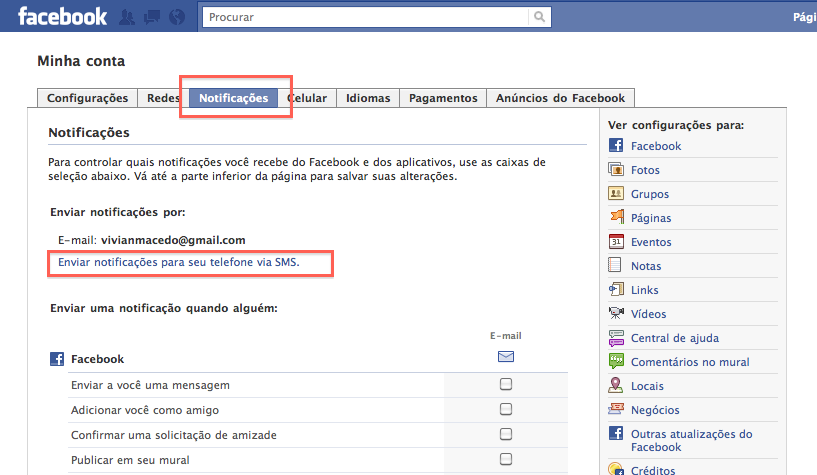 facebook configurações notificações